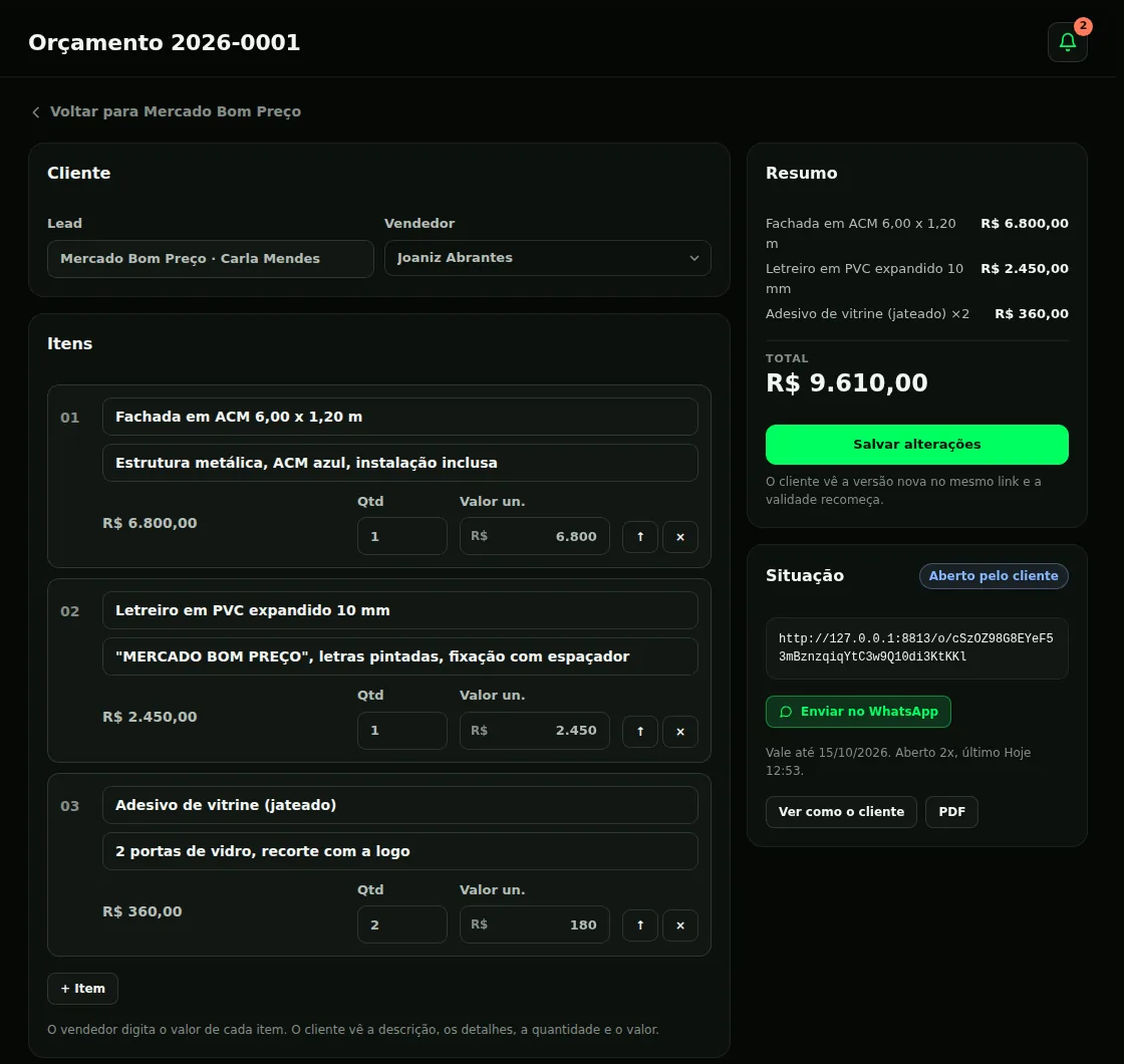 Tela de orçamento com itens, condições e link para o cliente